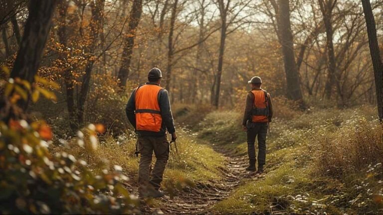 Hunter in orange vest in Florida forest during hunting season