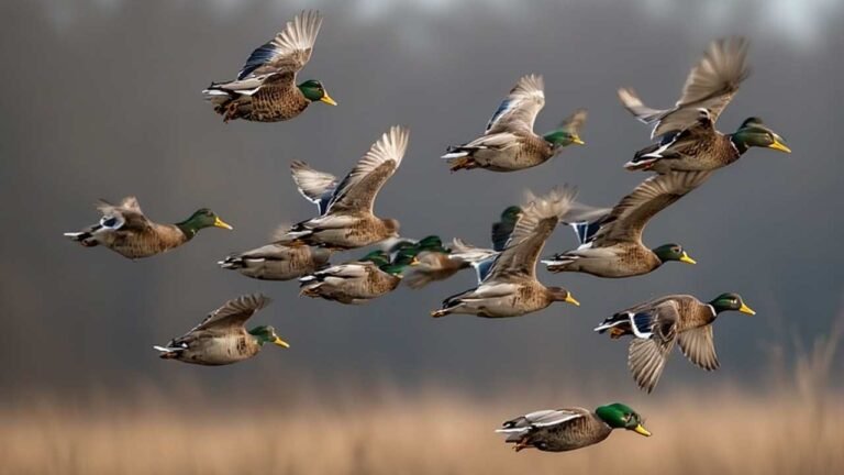 Flock of mallard ducks flying over Oklahoma wetland during hunting season