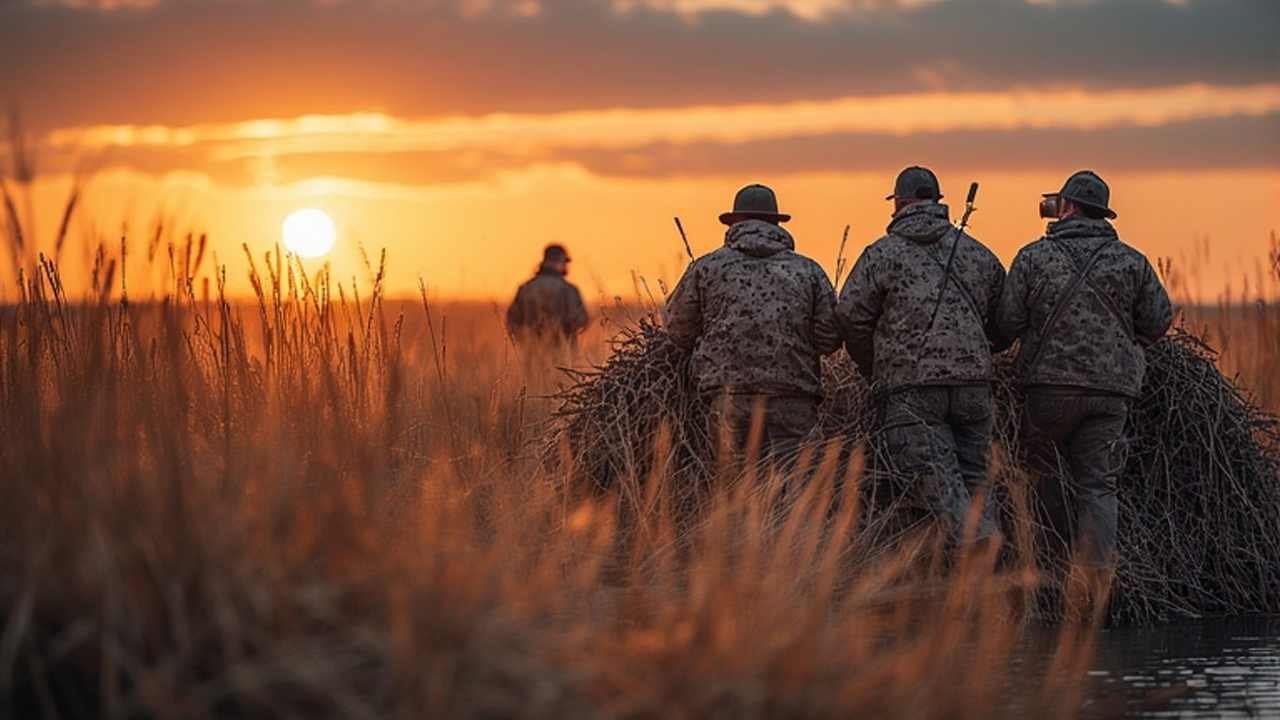 Group of waterfowl hunters in Lake Erie marsh blind at sunrise
