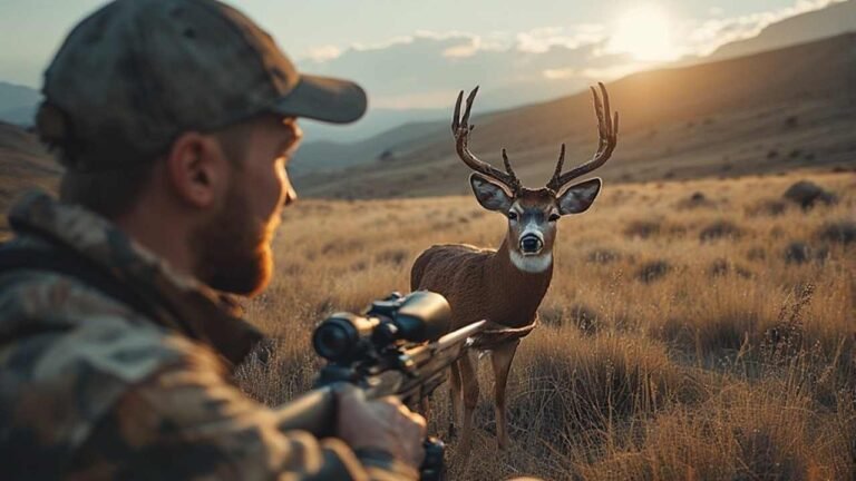 Hunter looking at a mule deer buck from distance during Nevada rifle season