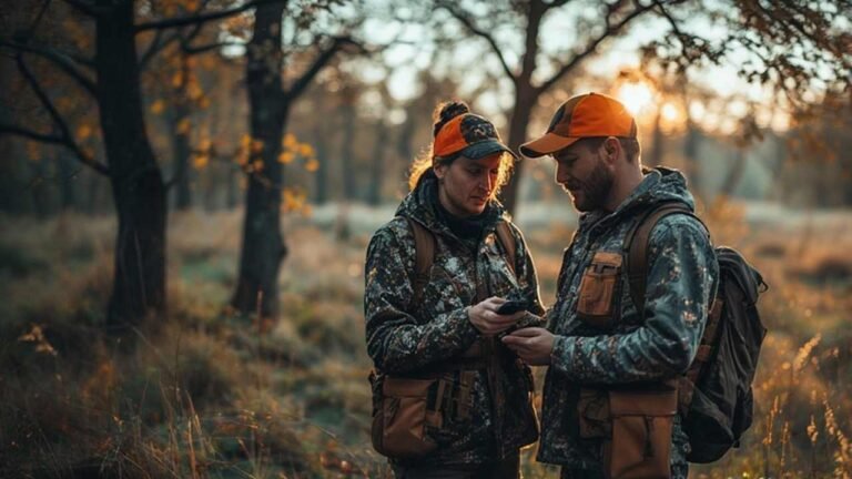 Hunters checking regulations on mobile device in field