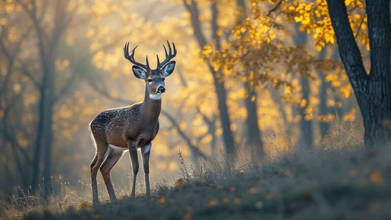 Indiana deer near archery blind during peak fall colors