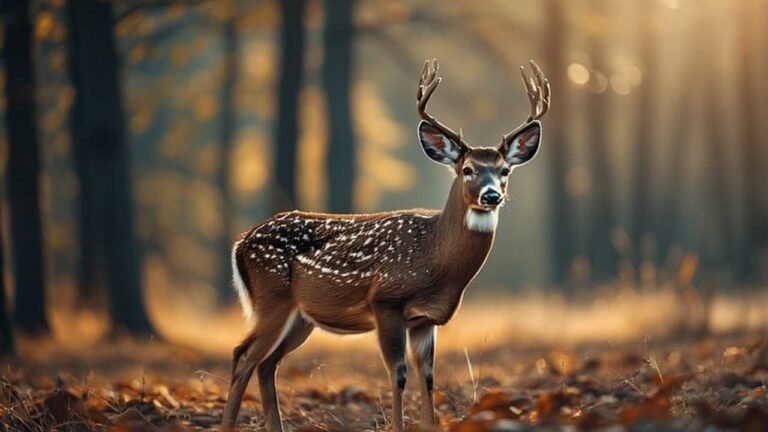Iowa hunting - deer walking through fall cornfield at sunrise