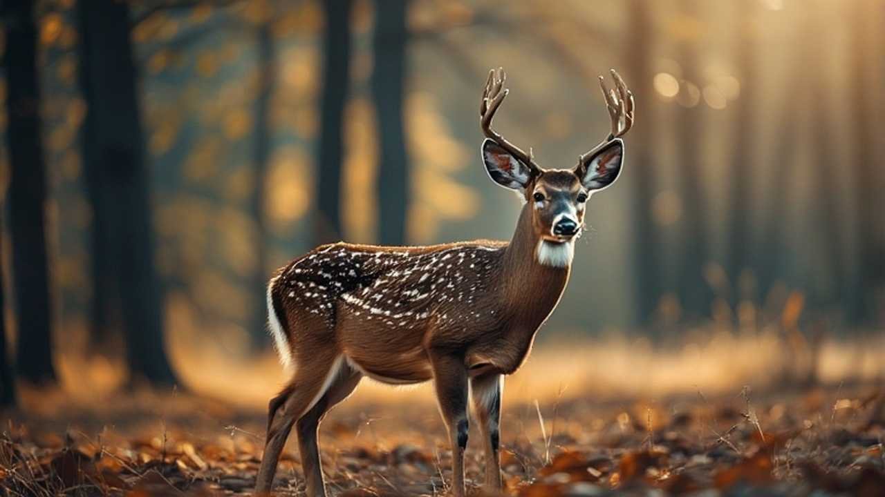 Iowa hunting - deer walking through fall cornfield at sunrise