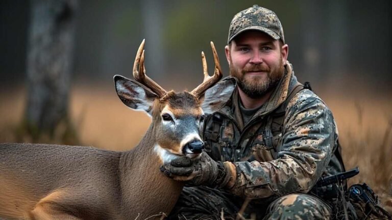 Main deer hunter with harvested whitetail buck during archery season