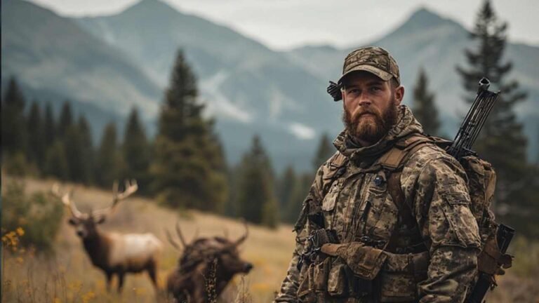 Montana elk hunter with rifle in mountain wilderness during archery season