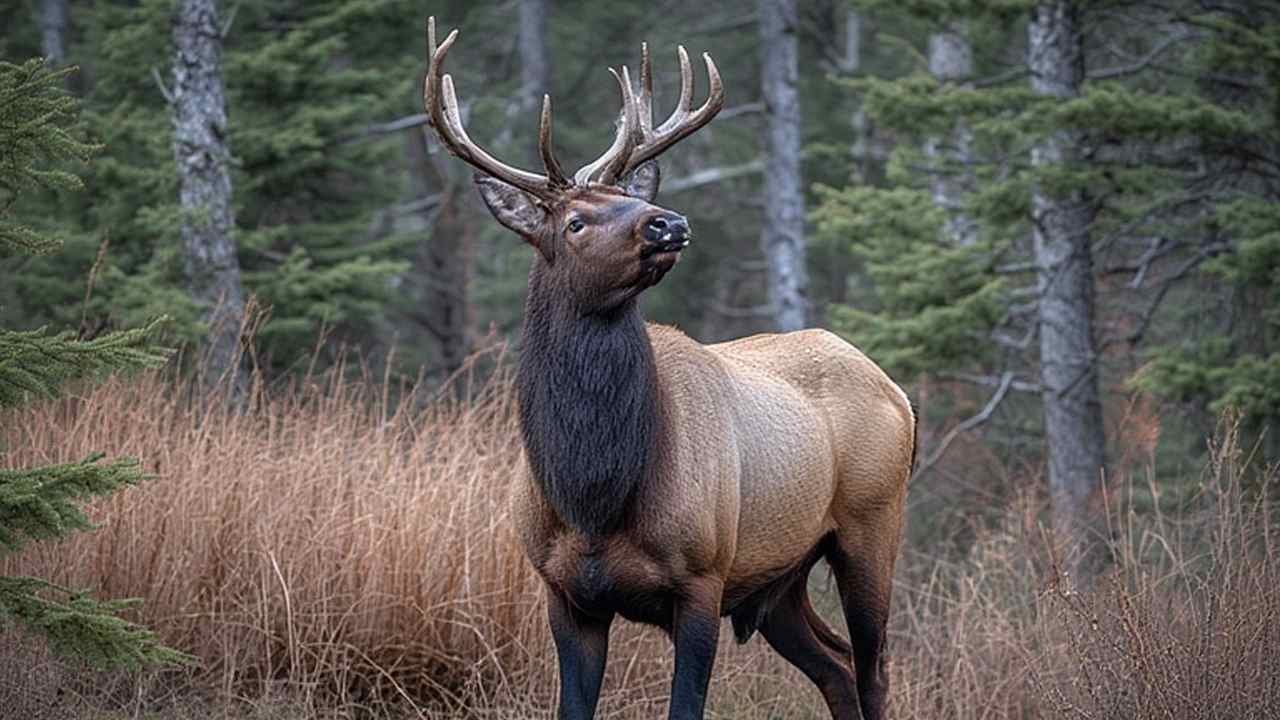 Roosevelt elk bull bugling in Olympic Peninsula forest during rutting season