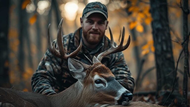 Tennessee deer hunter with harvested whitetail buck in fall woods