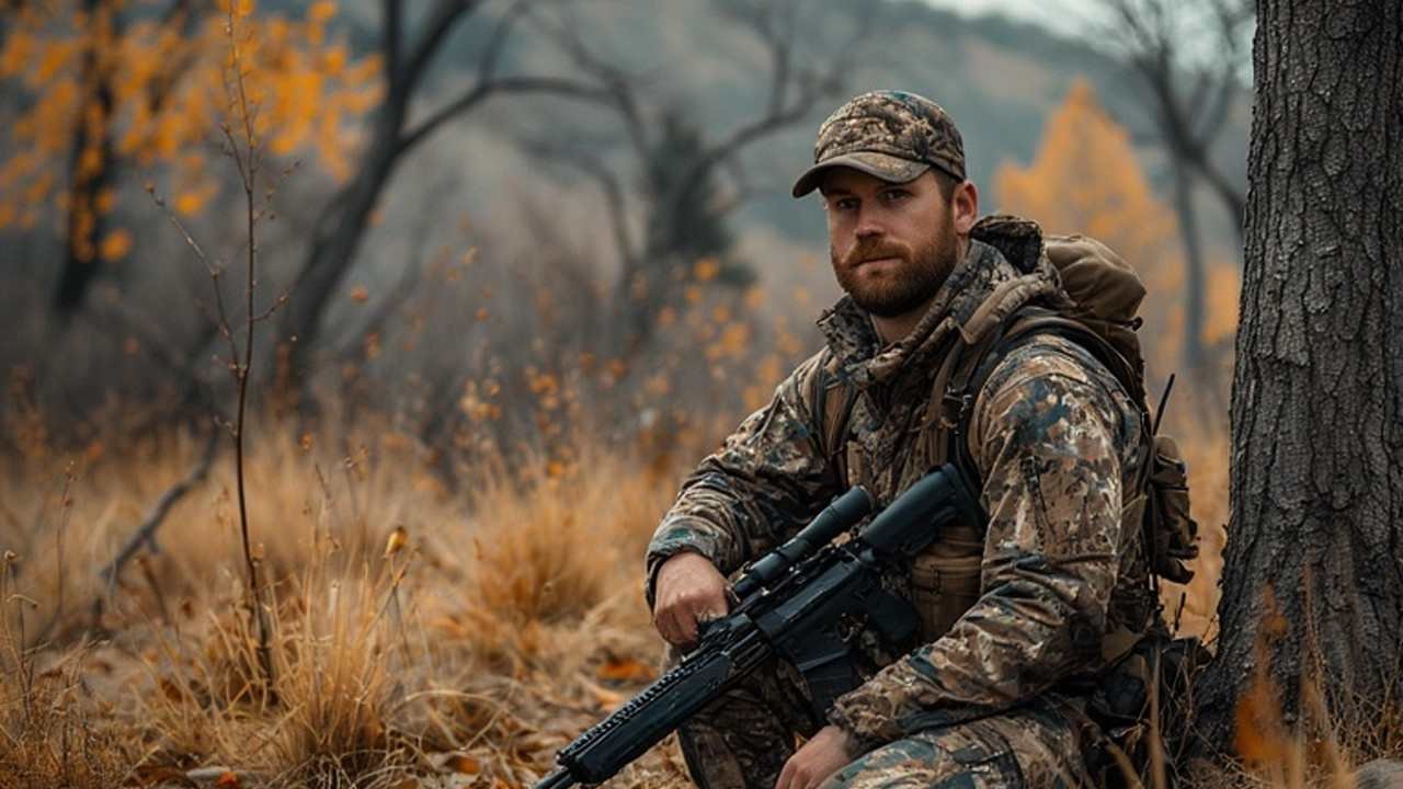 Utah deer hunter with rifle in fall woods