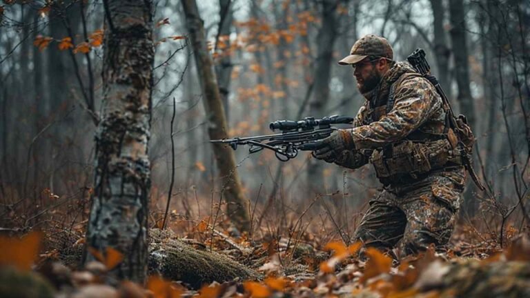 Virginia deer hunter with crossbow in forest setting
