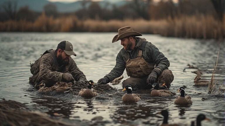 Waterfowl hunters setting decoys on New Mexico reservoir