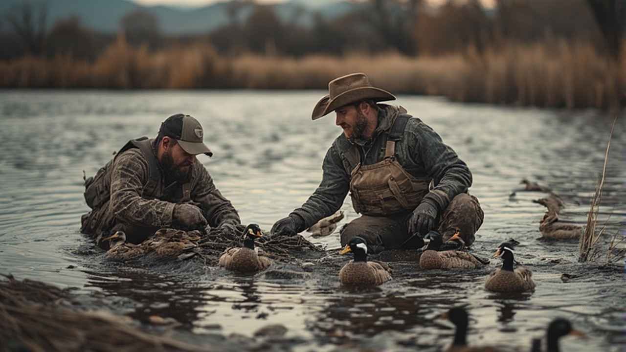 Waterfowl hunters setting decoys on New Mexico reservoir