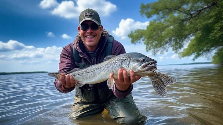 A happy angler holding a large, silvery walleye on a sunny day on a Michigan lake