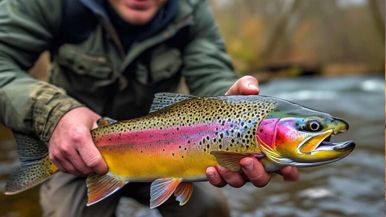 A happy fisherman holding a beautiful rainbow trout from a Pennsylvania stream