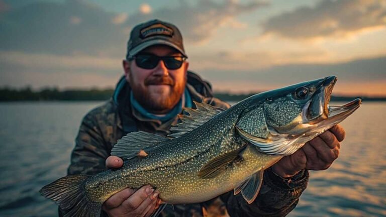 Angler holding a large walleye on a Wisconsin lake at sunrise