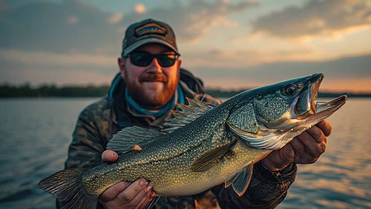 Angler holding a large walleye on a Wisconsin lake at sunrise