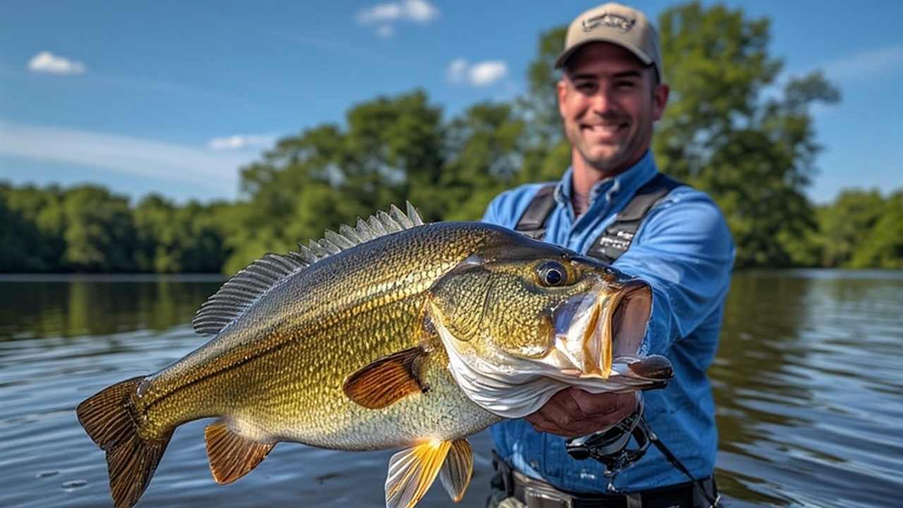 Angler holding large largemouth bass caught in Illinois lake during summer fishing season