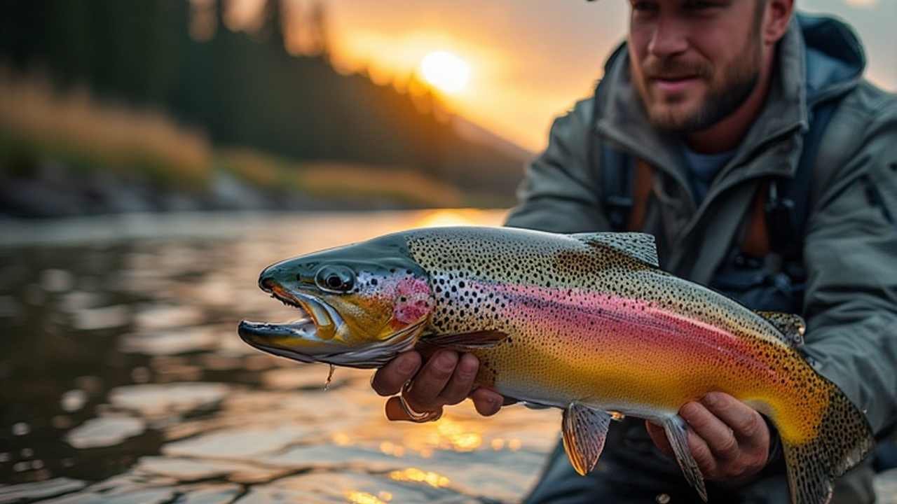 Angler holding large rainbow trout from Idaho river at sunrise