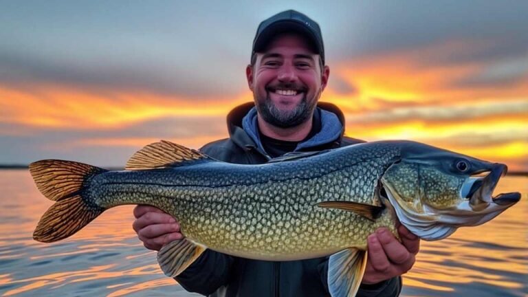 Happy angler holding a walleye at sunset on a Minnesota lake