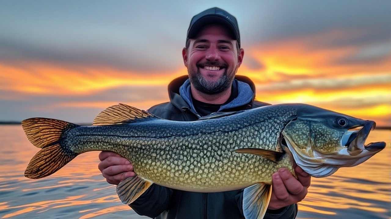 Happy angler holding a walleye at sunset on a Minnesota lake