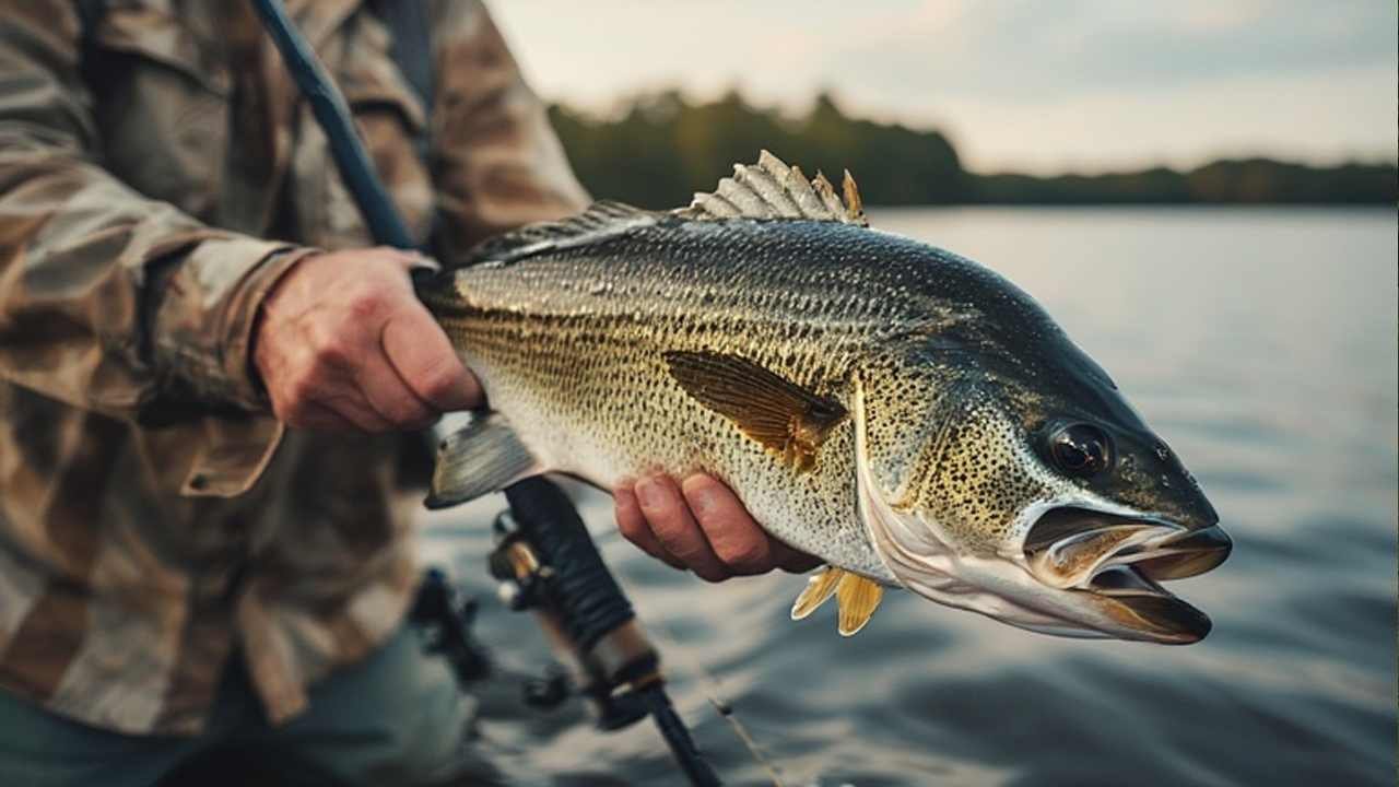 Largemouth bass being held by angler on Georgia lake with fishing rod in background