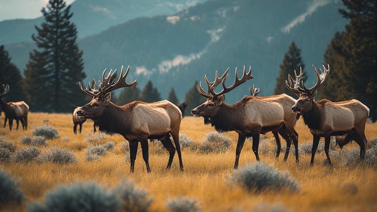 Wyoming elk herd grazing in mountain meadow during peak rutting season