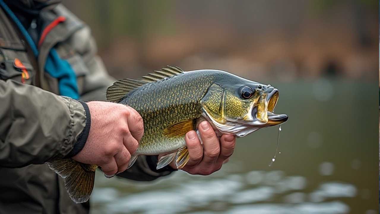 A majestic smallmouth bass being held by an angler against the backdrop of Bull Shoals Lake in the Arkansas Ozarks