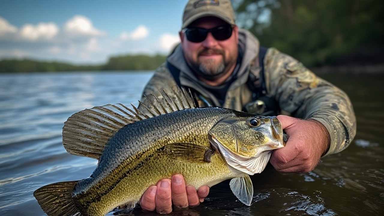 Angler holding large largemouth bass caught at Ross Barnett Reservoir Mississippi