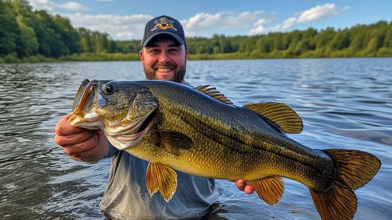 Angler holding large largemouth bass caught in Candlewood Lake Connecticut with lake and forest in background
