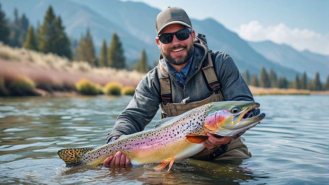 Angler holding large rainbow trout caught in California mountain lake during spring season