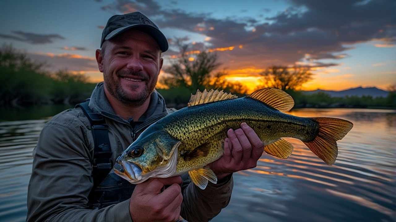Angler holding largemouth bass at Lake Pleasant Arizona at sunset