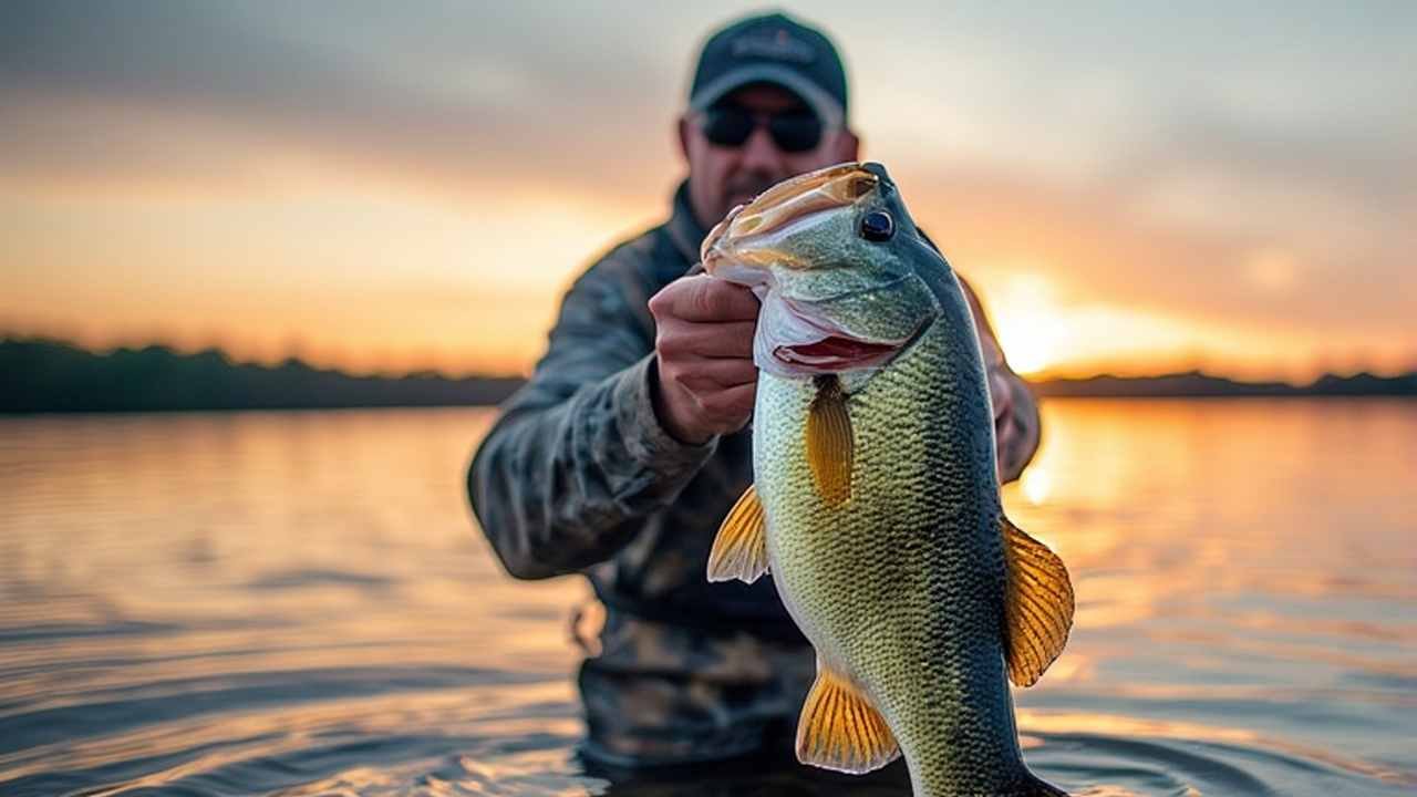 Angler holding largemouth bass at Missouri lake during golden hour sunset