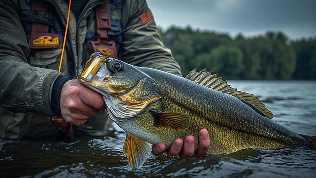 Angler holding largemouth bass caught in Indiana lake