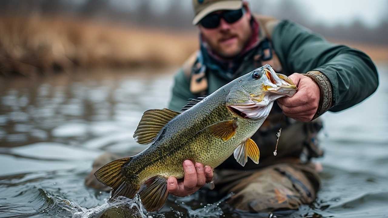 Angler holding largemouth bass caught in Iowa lake during spring fishing season