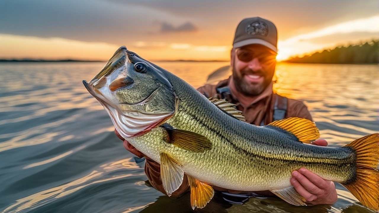 Angler holding trophy largemouth bass caught at Kentucky Lake during sunrise