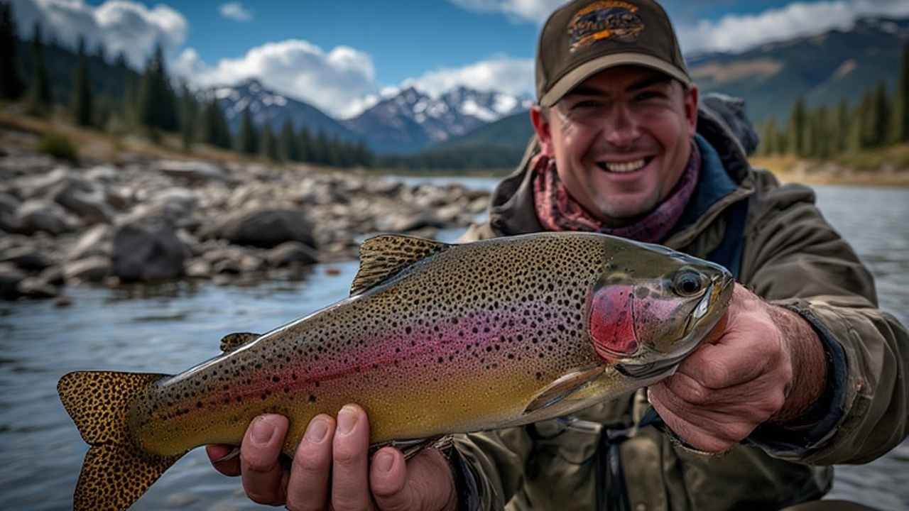 Colorado angler holding rainbow trout with snow-capped Rocky Mountains in background