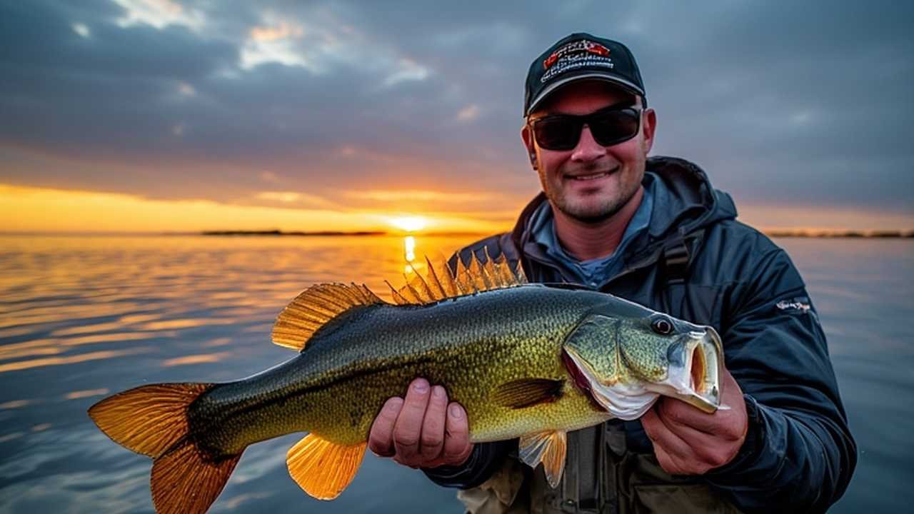 Kansas angler holding trophy largemouth bass at Milford Lake during golden hour sunset