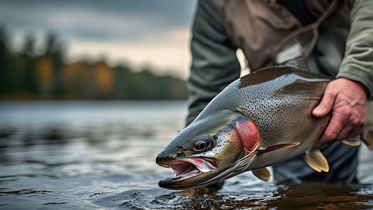 Landlocked salmon being held by fisherman on Maine lake