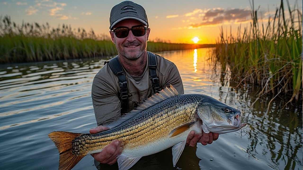 Louisiana angler holding redfish at sunrise in coastal marsh