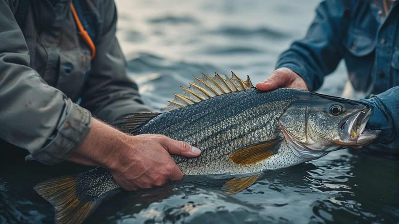 Striped bass being held by fisherman on Delaware Bay
