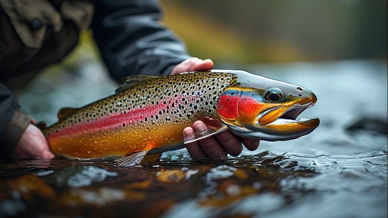 Angler carefully releasing rainbow trout back into clear stream water demonstrating proper catch-and-release technique