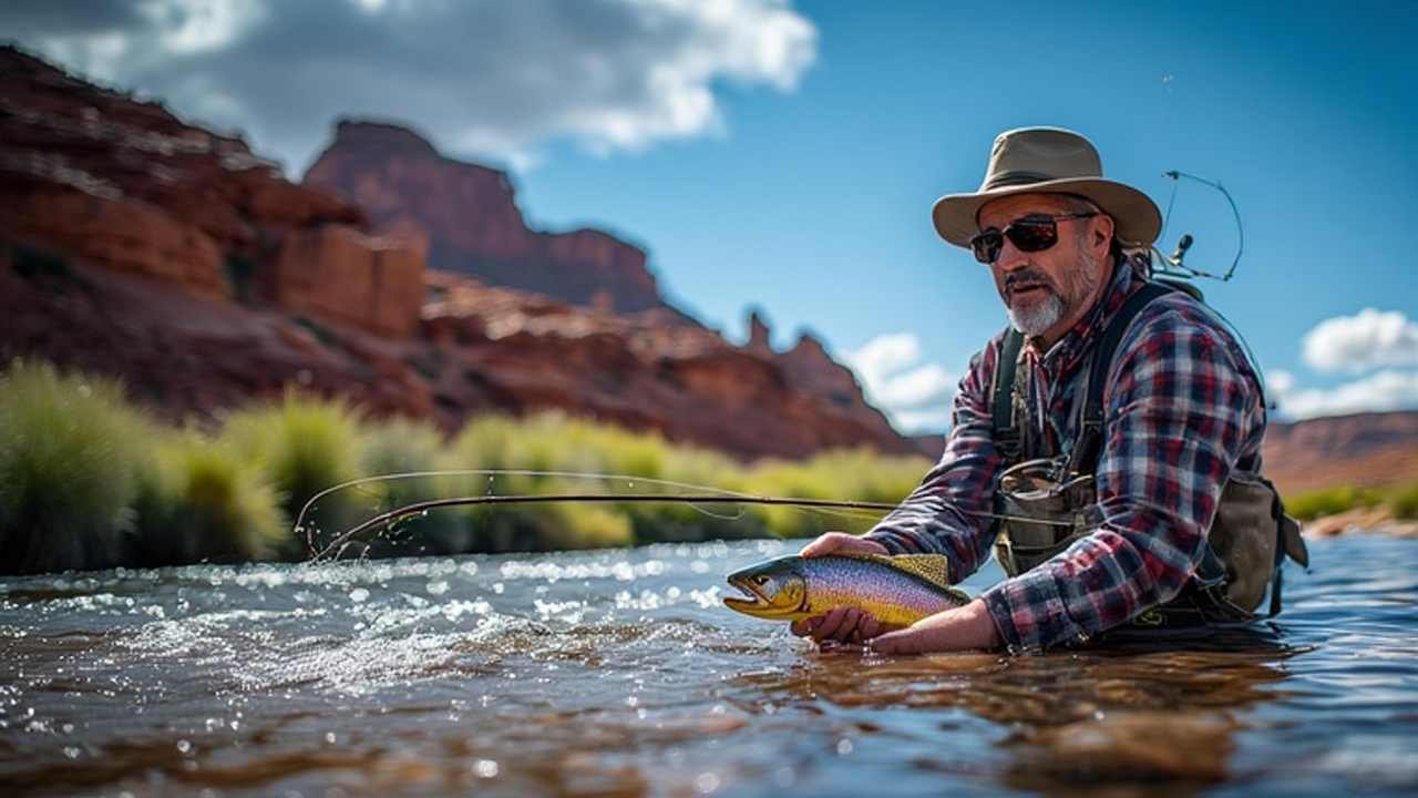 Angler casting for rainbow trout in New Mexico mountain stream with red rock canyon background