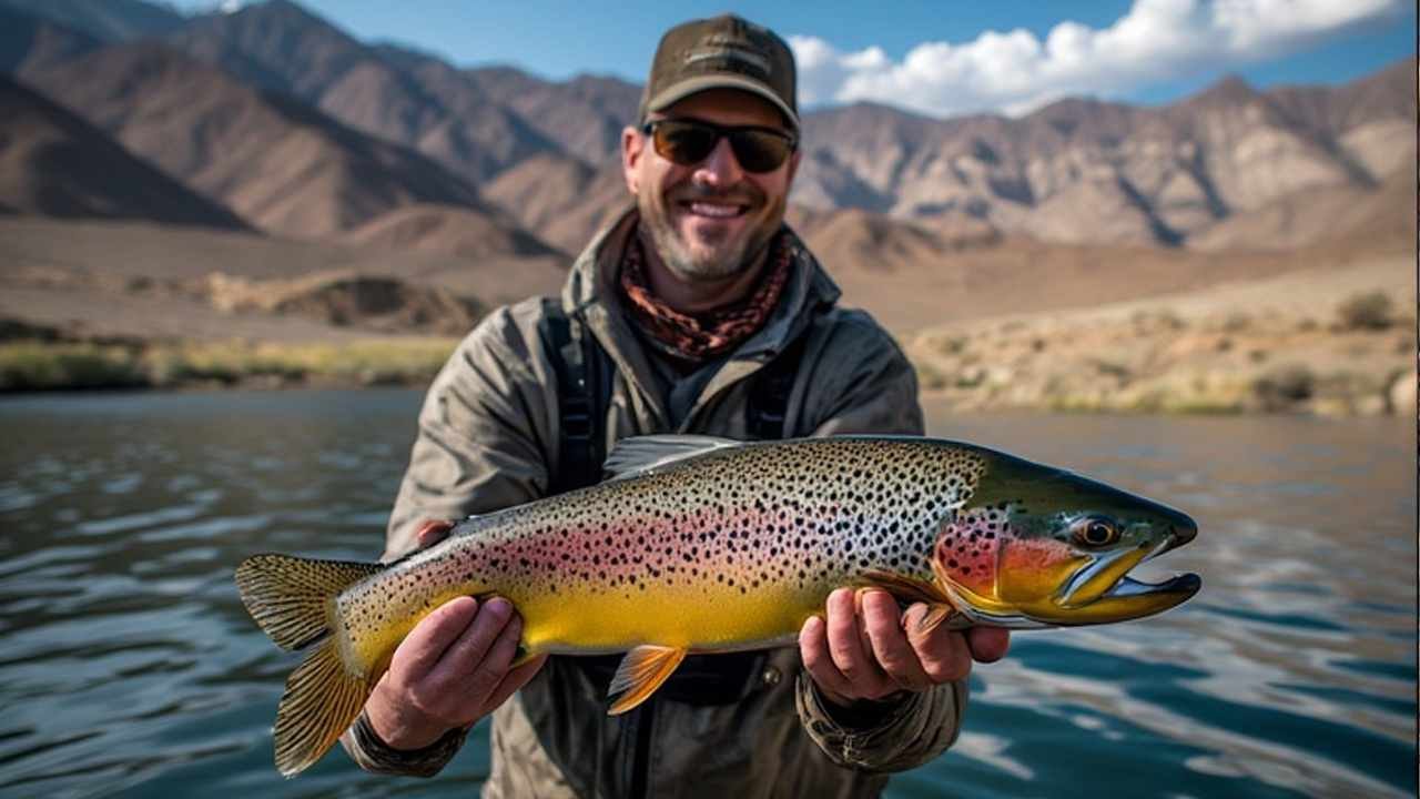Angler holding large Lahontan cutthroat trout at Pyramid Lake Nevada with desert mountains in background