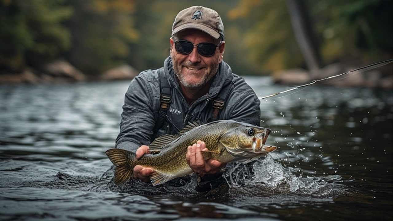 Angler holding large smallmouth bass on Lake Winnipesaukee New Hampshire
