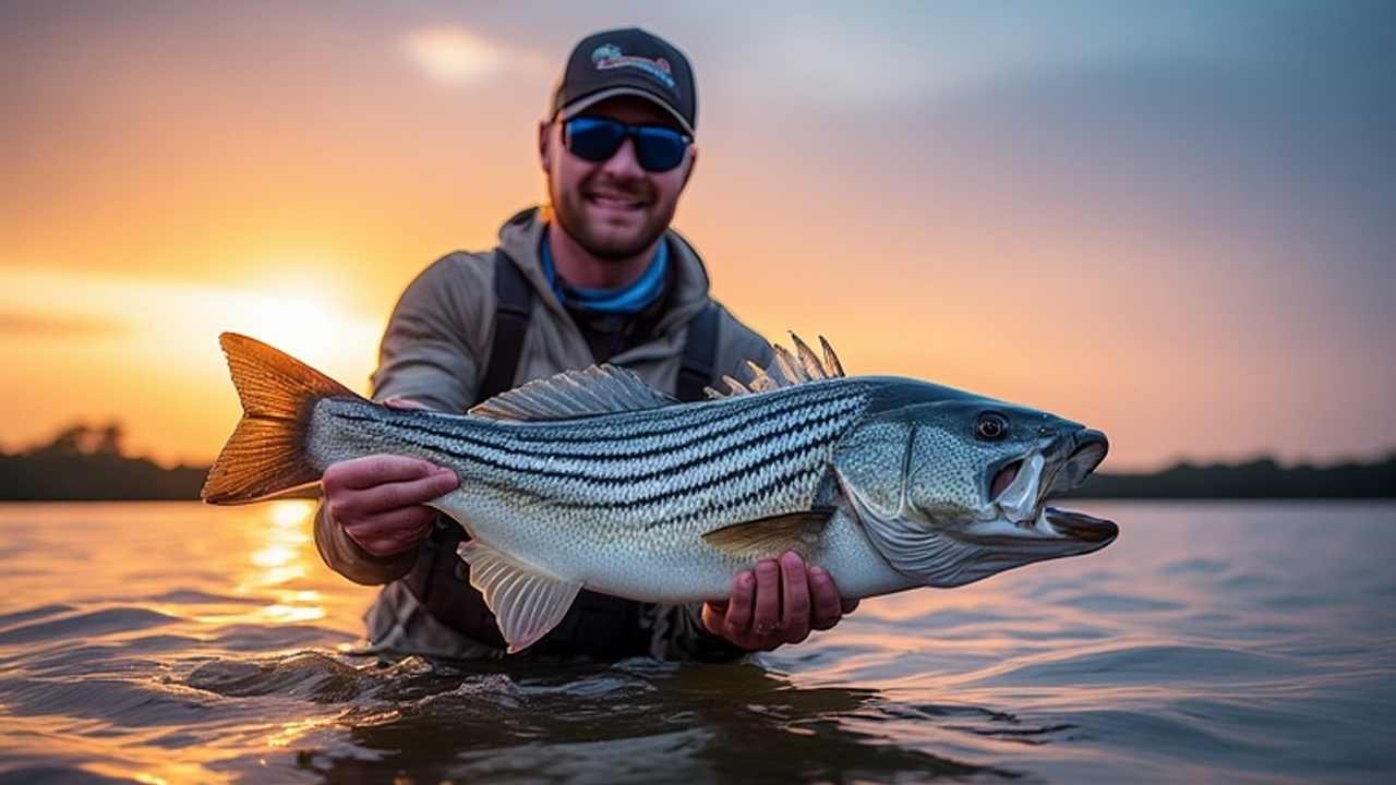 Angler holding large striped bass caught in Oklahoma Lake Texoma at sunrise
