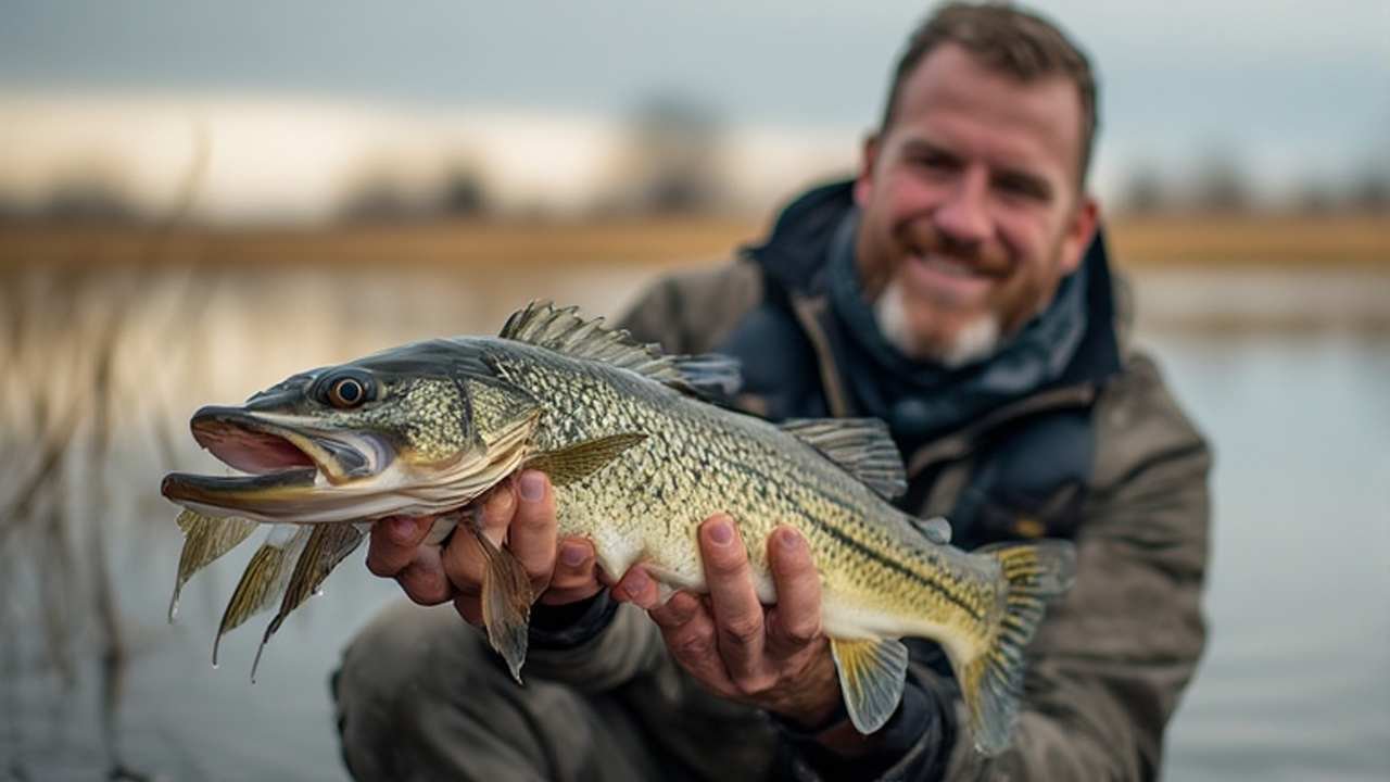 Angler holding large walleye at Merritt Reservoir Nebraska sunset