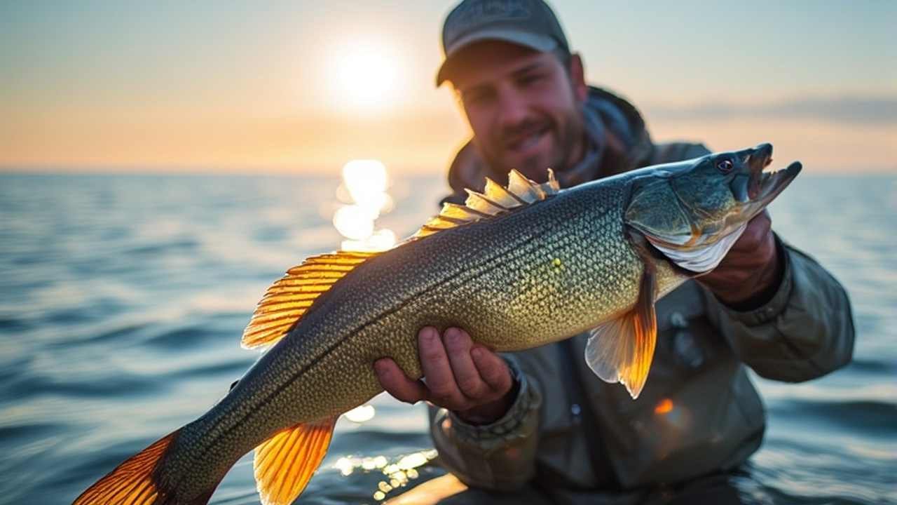 Angler holding large walleye on Lake Oahe South Dakota with sunrise in background