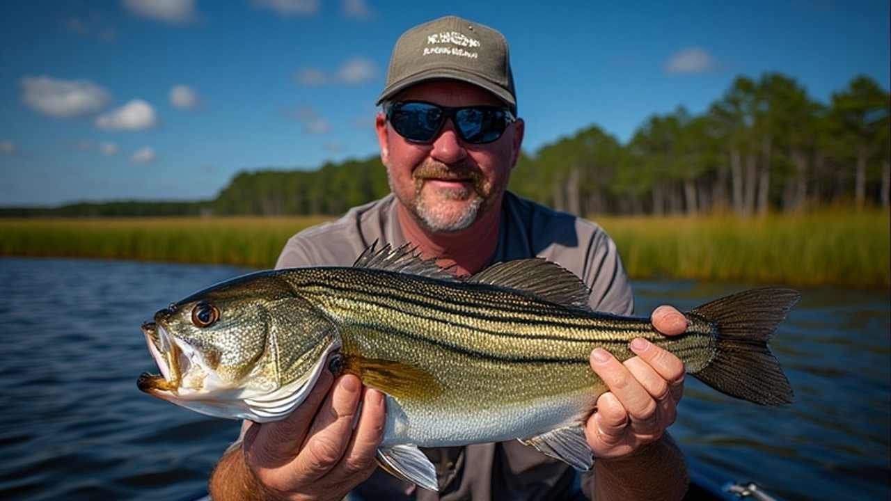 Angler holding trophy striped bass caught on South Carolina’s Lake Marion during peak season