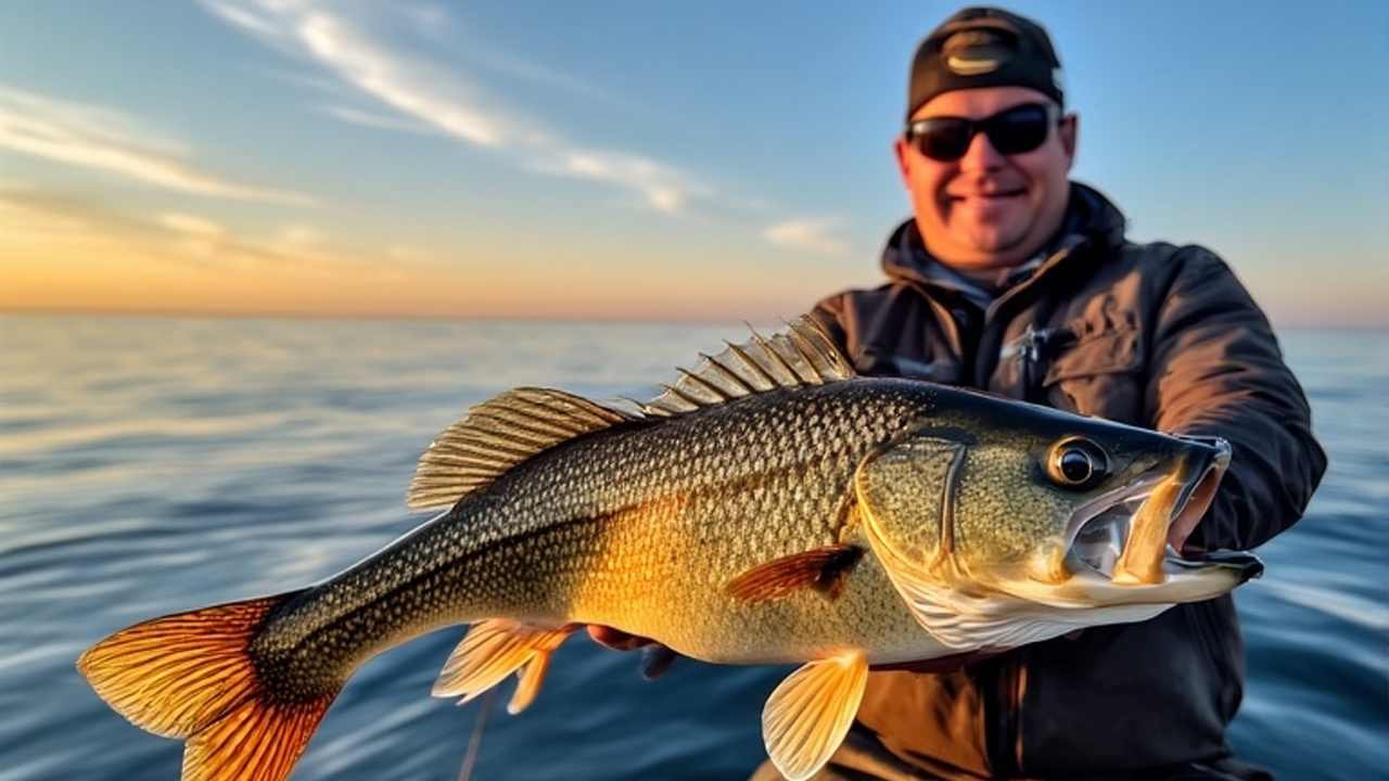 Angler holding trophy walleye on Devils Lake North Dakota with sunrise