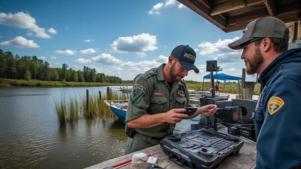 Angler holding valid fishing license card while bass fishing on lake